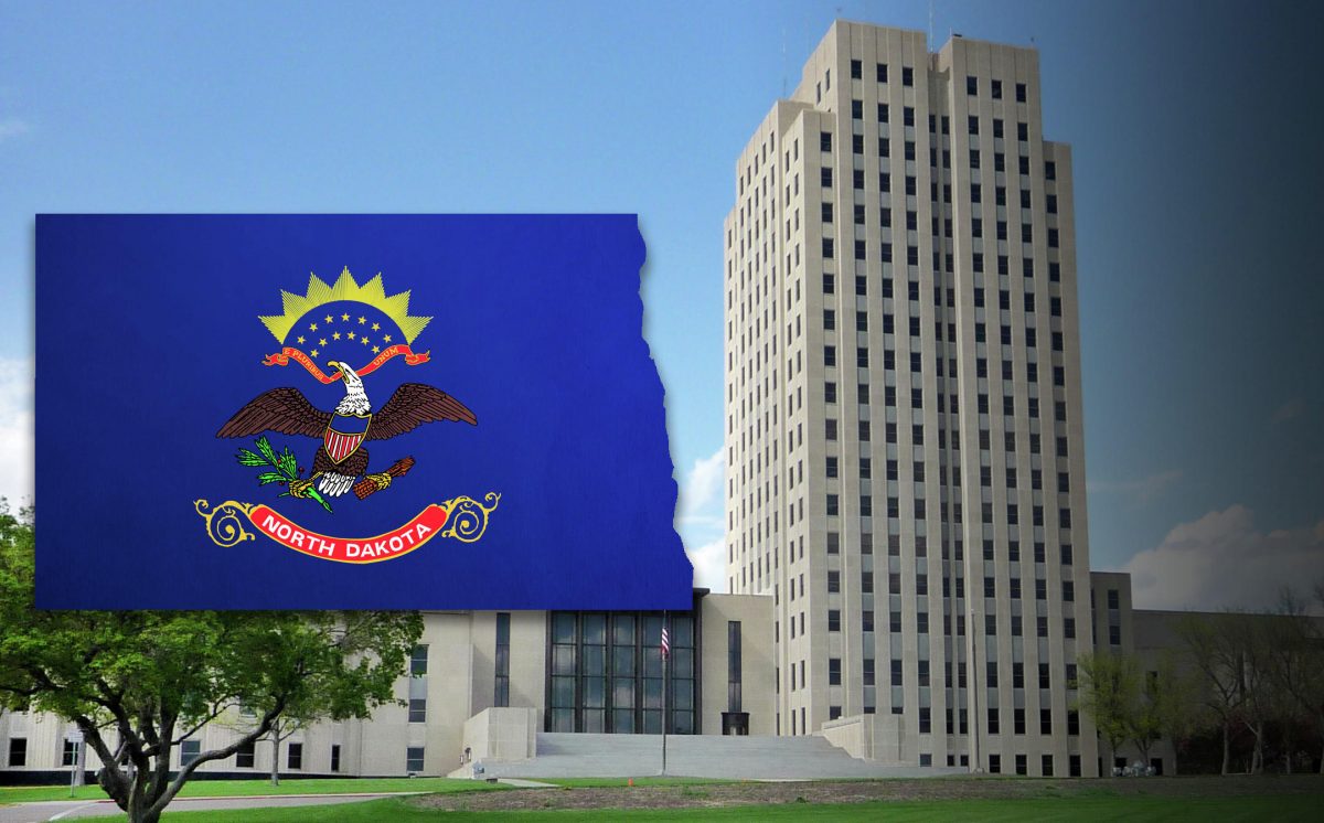 Photo illustration with ND flag and capitol building, to accompany post on "road-use fees" for electric vehicles.