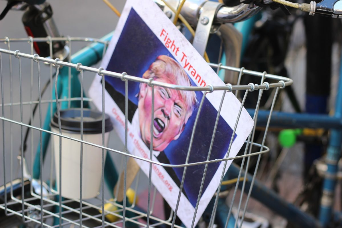 Image of bicycle basket with an anti-totalitarianism flyer in it