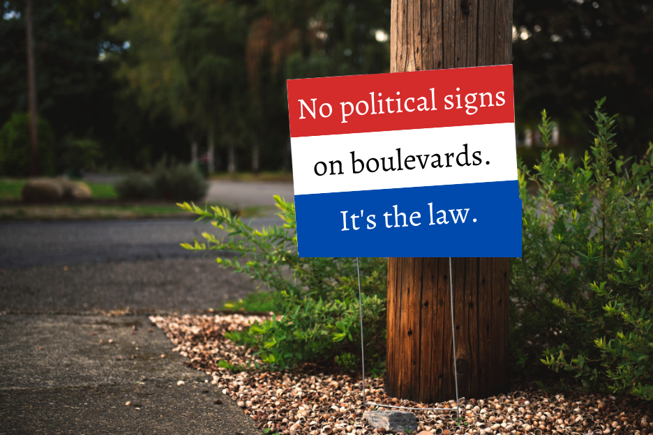 Yard sign about no political signs allowed on boulevards